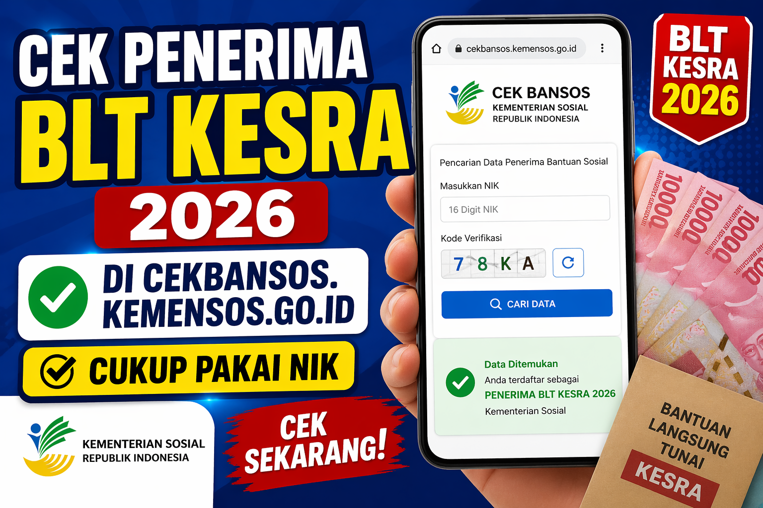 Cek Penerima BLT Kesra 2026 di cekbansos.kemensos.go.id, Cukup Pakai NIK
