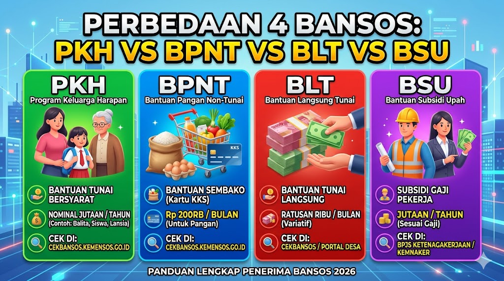 Perbedaan PKH, BPNT, BLT, dan BSU: Jenis Bantuan, Nominal, hingga Cara Cek Penerima